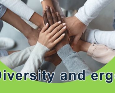 Image showing many hands working together with "diversity and ergo" text