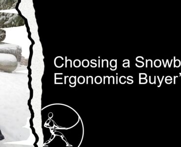 snowblower wide Image shows a man operating a snowblower with text "Choosing a Snowblower: Ergonomics Buyer's Guide